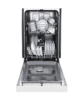 Smooth Cleaning Countertop Dishwasher 18 Inch In Crisp White with plates and utensils loaded in the upper and lower racks.