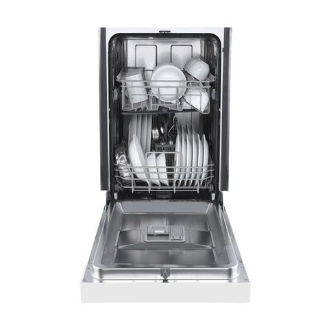 Smooth Cleaning Countertop Dishwasher 18 Inch In Crisp White with plates and utensils loaded in the upper and lower racks.