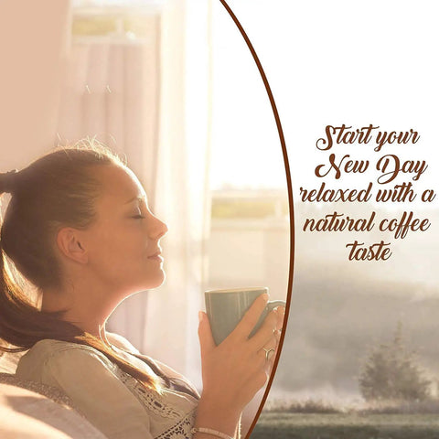 Woman enjoying morning coffee, text promoting relaxed start, not directly showing Reusable K Cups For Keurig K Mini Series K Mini Plus K Express And K Iced With Adapter 3 Pack Refillable Coffee Pods For Mini Keurig Brewers Universal Holder Easy Fill Eco Friendly.