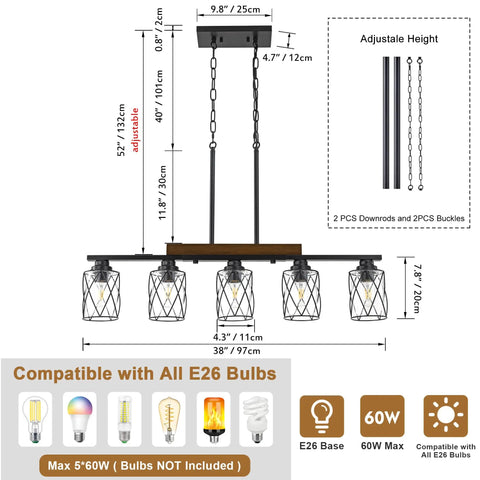 The Real Deal Five Light Farmhouse Chandelier With Slick Vintage Iron Frame And Crisp Clear Shades Giving Off Clean Modern Industrial Lighting Vibe For Dining Room Table Centerpiece, adjustable height with 4 clear shades.