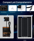 12 Volt Solar Battery Charger Waterproof Portable Power Panel Trickle Charger Maintainer For Car Truck Boat RV Motorcycle Marine Trailer Battery Plug And Play On The Go, detailed with working status, suction, EVA, SAE connections, and dimensions.