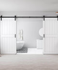 Installed 72 by 96 Inch Double Barn Door With 12Ft Sliding Hardware Kit Included, Waterproof PVC Surface, White H Frame