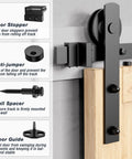 Image of 12 Foot Heavy Duty Sliding Barn Door Hardware Kit For Double Doors With slick glide, showing door stopper, anti-jumper, wall spacer.