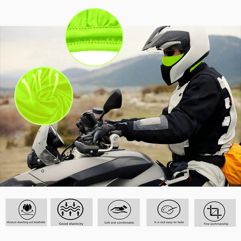 Motorcyclist wearing 3 Pack Fluorescent Green Balaclava Full Face Mask For Outdoor Cycling And Bike Riding Soft Polyester Breathable Headwear All Season UV Dust Protection Under Helmet Men And Women