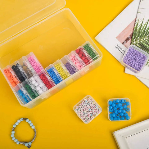 Clear Bead And Small Parts Storage Organizer Case With 30 Mini Compartments, Hinged Lid, Open, Filled with Assorted Colorful Beads