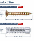 Heavy Duty Wall Anchors And Screws Kit For Concrete And Hollow Walls 100 Piece showing screw 40mm and anchor 32mm sizes