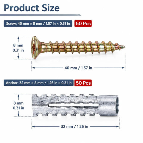 Heavy Duty Wall Anchors And Screws Kit For Concrete And Hollow Walls 100 Piece showing screw 40mm and anchor 32mm sizes