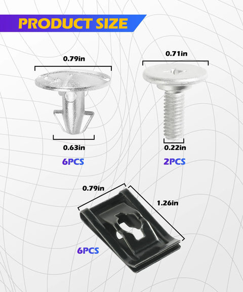 Built Tough Engine Splash Shield Skid Plate Screws And Lower Cover Pin Bolts With Heavy Duty Auto Clips For Smooth Underbody Protection And No Sweat Repairs In A 14 Piece Kit That Truly Keeps Your Ride Locked Tight, size and quantity details shown.