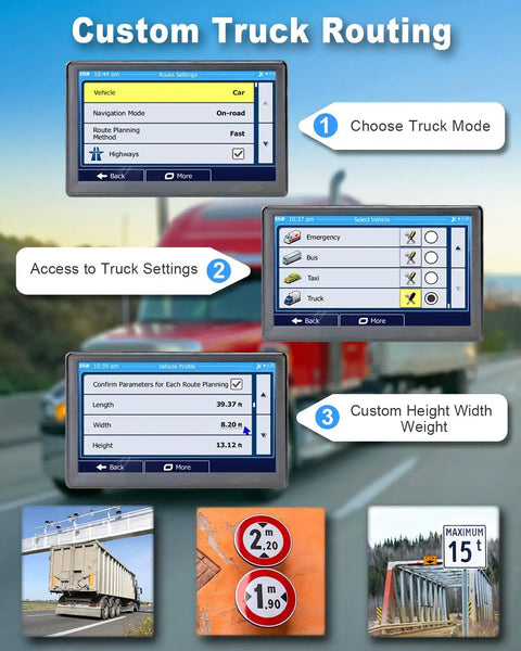 7 Inch Truck GPS Navigator For Cars And RVs With Custom Routing, showing truck mode and vehicle dimension settings.