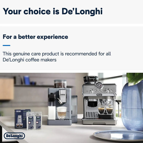 Eco Friendly Universal Descaler For Coffee And Espresso Machines Pack Of Two displayed with De'Longhi coffee makers.