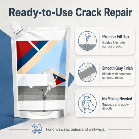 Heavy Duty Concrete Crack Filler and Hefty Sealing Bond with Squeeze Pouch and Precision Fill Tip to Crush Cracks in Driveway Patio Sidewalk and Foundation Gaps with Zero Mess Cement Repair Fix in ready-to-use pouch.