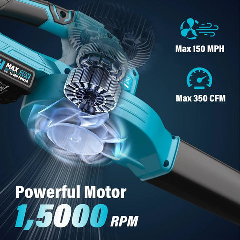 Cordless Leaf Blower With 2 X 2.0Ah Batteries, 350 CFM At 150 MPH, Fast Charger, Dual Tube Design, 20V Lawn Care Tool