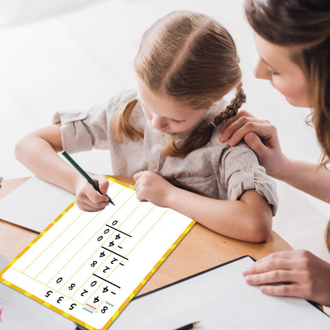Child using 12 Pack Double Sided Whiteboards 9x12 Inches For Math Practice Long Division Dry Erase Lapboards with adult support