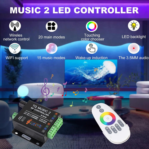 RGB LED Music Touch Controller with RF Remote next to room setup, colorful lights, and icons displaying features like 3.5mm audio input
