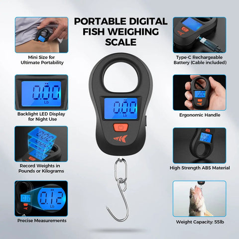 Portable digital fish weighing scale with backlit LED display, ergonomic handle, and high strength ABS material for accurate measurements.