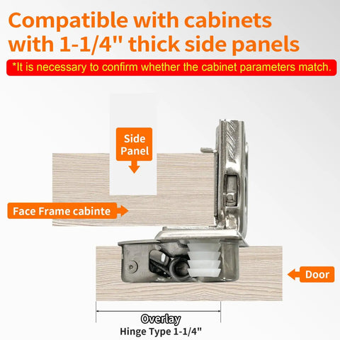 Diagram of 8 Pack Overlay Soft Close Cabinet Hinges For Face Frame Cabinets with dimensions and side panel compatibility