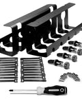 Two Pack 15.75 Inch Under Desk Cable Management Tray Set with clamps, screws, and screwdriver, heavy duty cord organizer for cluttered desks.