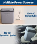 Ride Along Thermoelectric Car Cooler And Warmer 32 Qt fits a six pack, shown at home outlet and car seat using 120V and 12V power.
