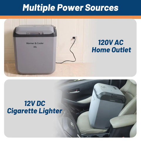 Ride Along Thermoelectric Car Cooler And Warmer 32 Qt fits a six pack, shown at home outlet and car seat using 120V and 12V power.