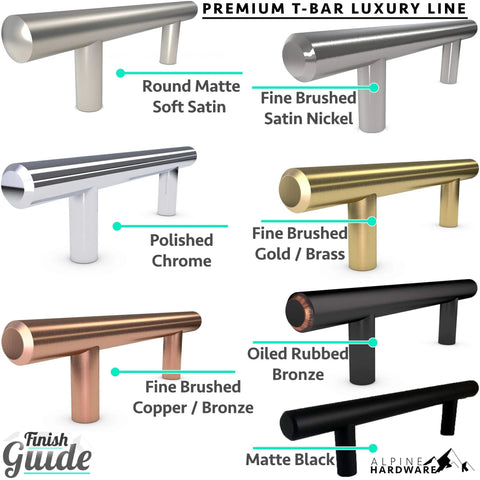 T-bar luxury line finishes including round matte soft satin, fine brushed satin nickel, polished chrome, gold, bronze, and black.