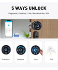 Heavy Duty Drip Proof Smart Deadbolt Lock With Touch Keypad For Front Doors showing five ways to unlock including fingerprint, password, card, and key.