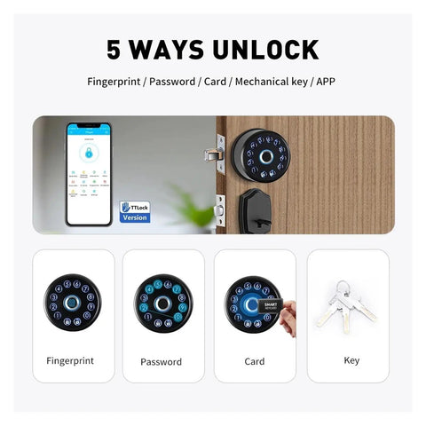 Heavy Duty Drip Proof Smart Deadbolt Lock With Touch Keypad For Front Doors showing five ways to unlock including fingerprint, password, card, and key.