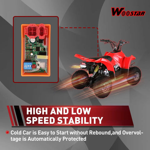 6 Pin DC CDI Box Replacement For GY6 Engines 50cc To 250cc with ATV graphic showing high and low speed stability message