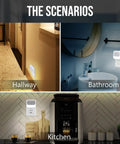 Plug In Motion Sensor Night Light With 3 Modes, Dimmable Dual Color, in hallway, bathroom, and kitchen settings, 4 pack