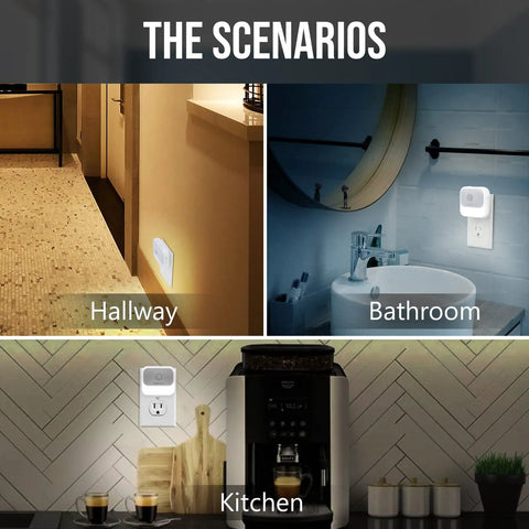 Plug In Motion Sensor Night Light With 3 Modes, Dimmable Dual Color, in hallway, bathroom, and kitchen settings, 4 pack