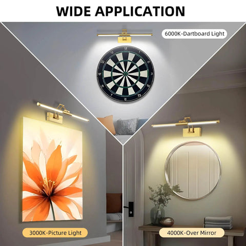 24 Inch Picture Light For Wall With 8000mAh Rechargeable Battery Wireless LED Light With Remote Dimmable 3000K 4000K 6000K No Fuss Setup Art Lighting For Paintings Frames And Gallery Brass Finish illuminating dartboard, painting, and mirror