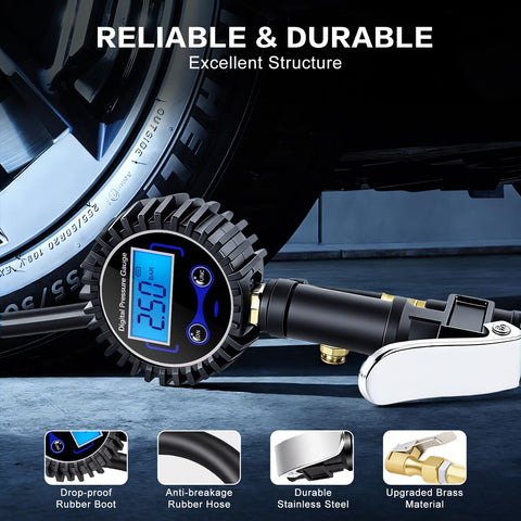 Digital Tire Pressure Gauge With Inflator And 250 PSI Heavy Duty Air Chuck Quick Connect Hose For Cars And Inflatables LED Backlit Display