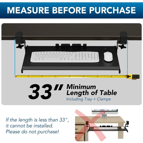 Under Desk Keyboard Tray Pull Out With Sturdy Adjustable C Clamp Mount System 32.5 Inch Clamp Span 27.3 Inch Platform By 11 Inch Slide Out