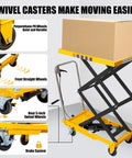 Front view of a hydraulic lift table cart with a yellow platform and black scissor frame lifting a box; four wheels.