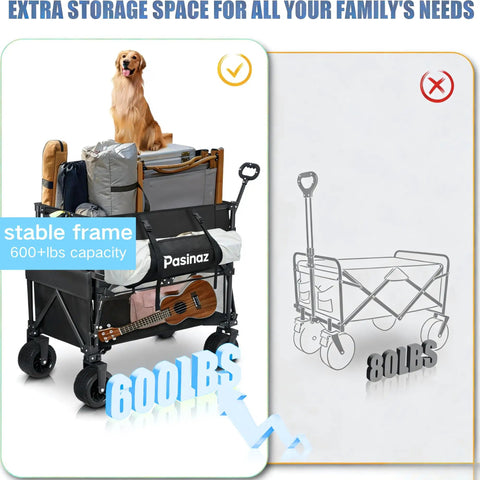 700lb Capacity Double Decker Collapsible Wagon With Detachable Waterproof Cover And Extended Storage Foldable Cart With 54 Inch Extended Deck Wheels For Camping Fishing Beach And Outdoor Use Heavy Duty loaded with gear