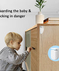 Child trying to open cabinet with Hidden Magnetic Cabinet Locks Set With Ten Locks And Two Keys For Baby Proofing.