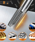 Close-up of Precision Half Inch NPT Pipe Tap With 14 Threads Per Inch For Plumbers Mechanics And DIY Enthusiasts High Carbon Steel Cutting Tool With Heat Treated Strength Long Lifespan And Protective Case DeckRKAT cutting through metal, showing its sharp threads and various material compatibilities such as copper, aluminum, and plastic.