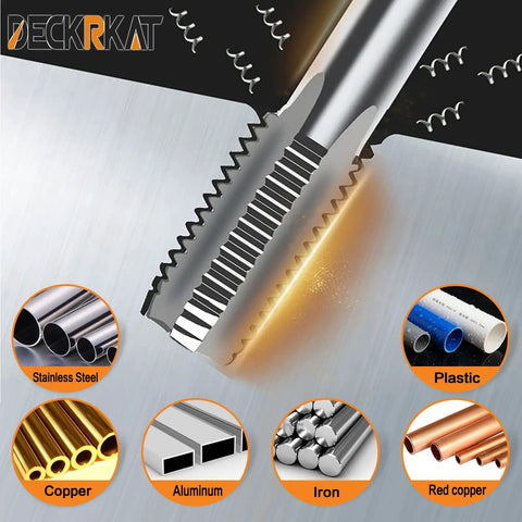 Close-up of Precision Half Inch NPT Pipe Tap With 14 Threads Per Inch For Plumbers Mechanics And DIY Enthusiasts High Carbon Steel Cutting Tool With Heat Treated Strength Long Lifespan And Protective Case DeckRKAT cutting through metal, showing its sharp threads and various material compatibilities such as copper, aluminum, and plastic.