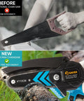 Comparison of traditional saw and Mini Cordless Chainsaw Portable Electric Handheld Pruning Saw for yard tasks.