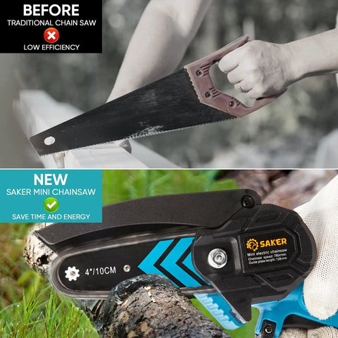 Comparison of traditional saw and Mini Cordless Chainsaw Portable Electric Handheld Pruning Saw for yard tasks.