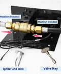 Fire Pit Spark Ignition Kit With Push Button Igniter Three Quarter Inch Ball Valve And Key Black Finish Compatible With Natural Gas Or Propane Burners Rated At Three Hundred Thousand BTU Battery Not Included with brass valve and igniter wire.