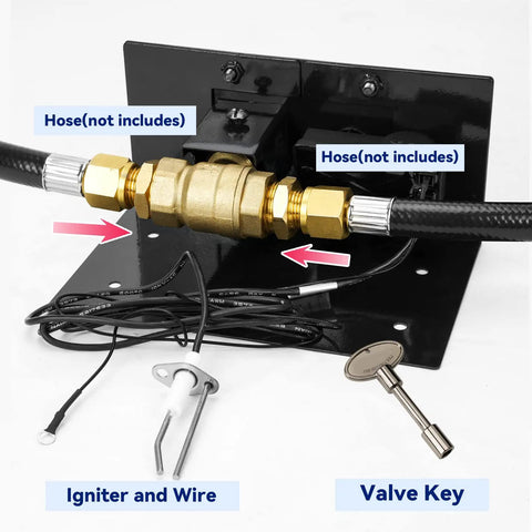 Fire Pit Spark Ignition Kit With Push Button Igniter Three Quarter Inch Ball Valve And Key Black Finish Compatible With Natural Gas Or Propane Burners Rated At Three Hundred Thousand BTU Battery Not Included with brass valve and igniter wire.