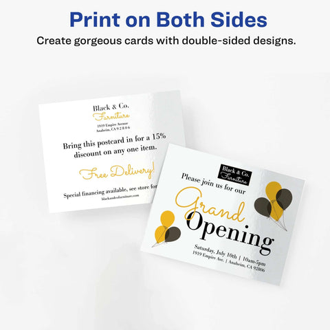 Avery printable postcards, glossy white 4.25 x 5.5 in; two double-sided sample cards shown.