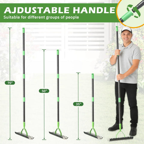 Adjustable Dual Action Dethatcher Rake With 21 Tines And Adjustable Long Handle From 40 To 70 Inches Heavy Duty Metal