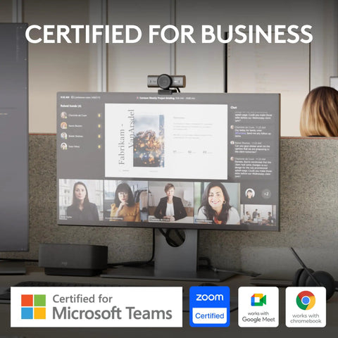 Game Changing 4K Webcam Built For Seamless Hustle Ready Video Calls Optimized For Teams Zoom Google Meet With Zero Friction Remote Setup And Hassle Free Usb Plug In Graphite on a monitor during a video call.
