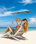 Super Lightweight Clip On Chair Parasol With Heavy Duty Universal Clamp UPF 50 Plus UV Protection Portable Cool Beach Shade For Golf Cart Stroller Wheelchair Bleacher Patio Summer Outings with a woman relaxing on a beach chair.