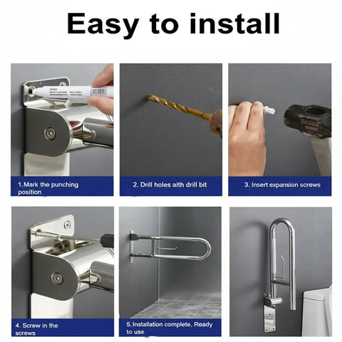 Installation steps for Super Sturdy Flip Up Toilet Grab Bar With Integrated Paper Holder Heavy Duty Stainless Steel Bathroom Safety Rail.