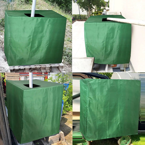 Green 275 Gallon IBC Tote Cover Slick Waterproof Hood Hella Durable Sunshade For Garden Rain Water Tank in various angles.