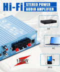 Mini Car Audio Amplifier With Bass Boost And Volume Knobs, blue 2 Channel Hi Fi Stereo Receiver, side view with connection ports