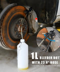 One Person Pneumatic Brake Bleeder Kit With 3L Fluid Reservoir And 1L Catch Bottle Includes 3 Master Cylinder Adapters For Most Reservoir Sizes Easy Single Operator Brake Bleeding showing 1L catch bottle and hose attached to vehicle brake caliper