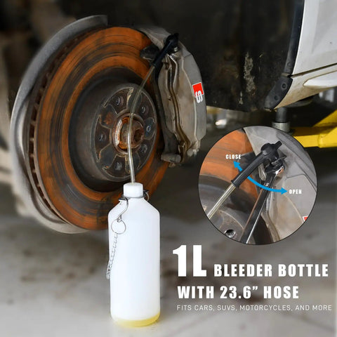 One Person Pneumatic Brake Bleeder Kit With 3L Fluid Reservoir And 1L Catch Bottle Includes 3 Master Cylinder Adapters For Most Reservoir Sizes Easy Single Operator Brake Bleeding showing 1L catch bottle and hose attached to vehicle brake caliper